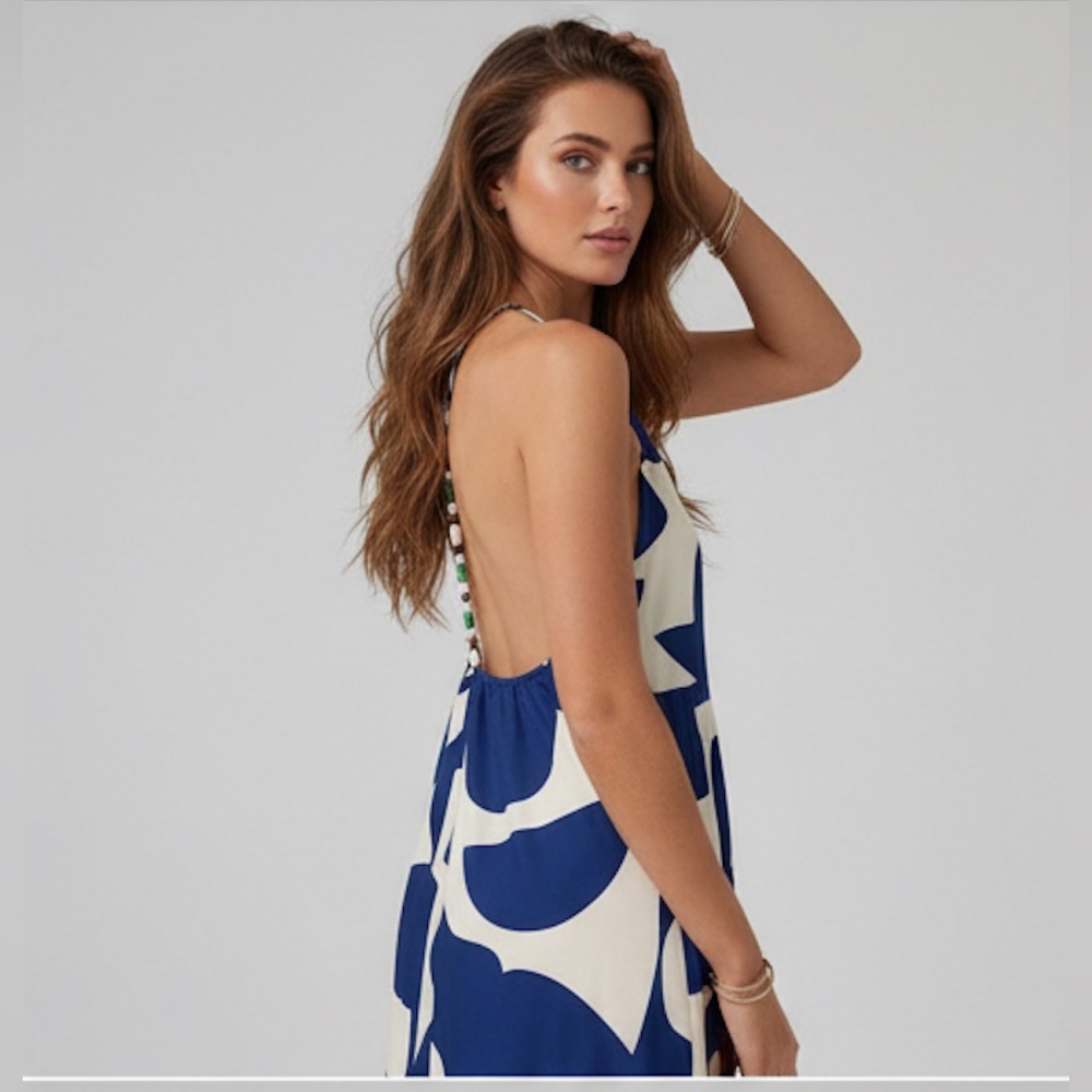 Navy Blue & White Abstract Geometric Maxi Dress | Open Back Beaded Strap - Picture 5 of 12